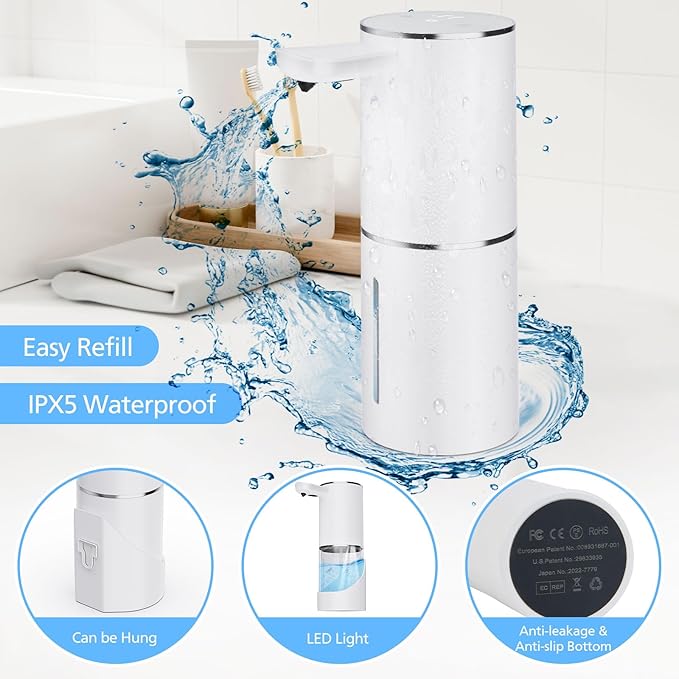 Automatic Soap Dispenser Touchless, 15.55 oz/460mL USB C Rechargeable Hand Sanitizer Dispenser with Auto Clean, 5 Adjust Volume,°C&℉ Display, Waterproof Pump for Bathroom Kitchen (White-Liquid)