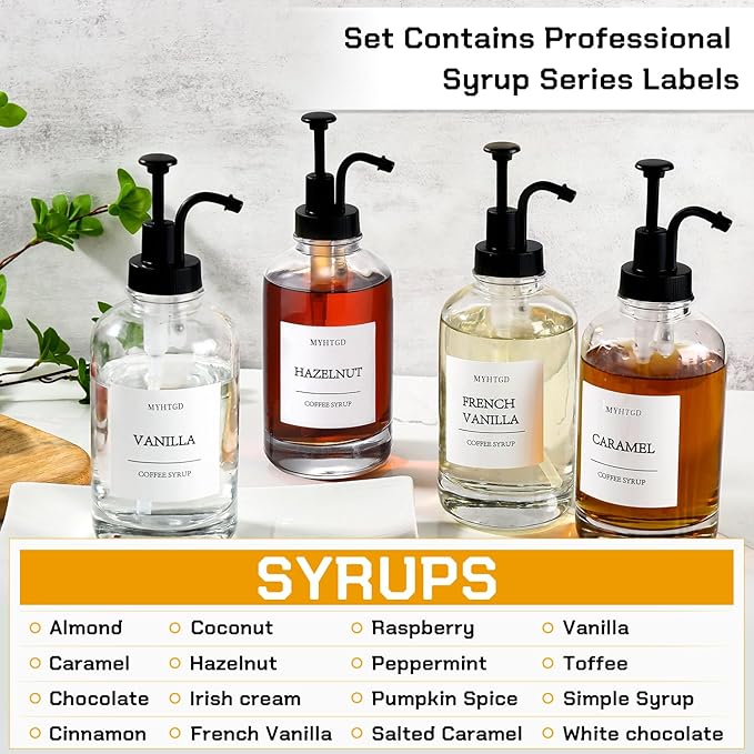 Coffee Bar Accessories,MHDCLY Coffee Syrup Dispenser - 4pack,16.9oz Syrup Dispenser with Labels ，Syrup Pump Dispenser for Coffee Bar(Black pump)
