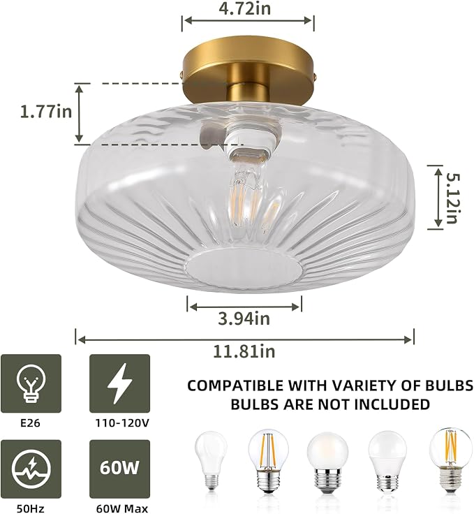 Semi Flush Mount Ceiling Light, 11.8 Inch Vintage Clear Crystal Glass Ceiling Light Fixture,Dining Room Lighting Fixtures for Kitchen, Hallway, Foyer, Bedroom, Bathroom, E26 Base (Bulb Not Included) - Image 3