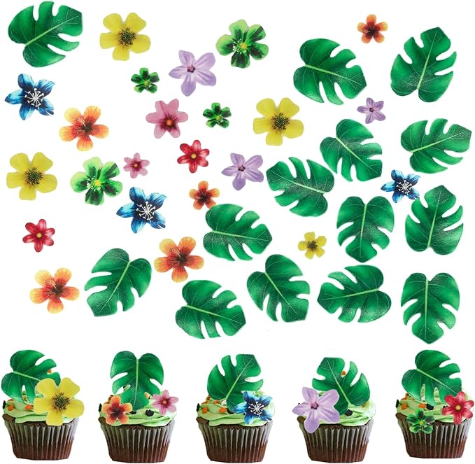 64Pcs Tropical Palm Leaves and Hawaii Flowers Cupcake Toppers Hawaii Theme Cake Decoration for Jungle Summer Party Birthday Wedding Cake Decor - Image 2