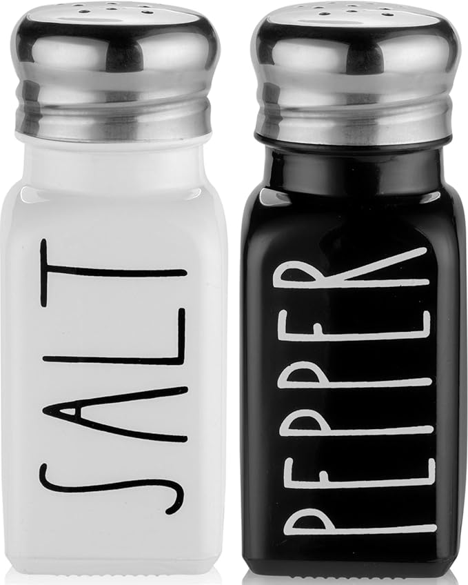 Salt and Pepper Shakers Set by Brighter Barns - Cute Modern Farmhouse Kitchen Decor for Home Restaurants Wedding - Gorgeous Vintage Glass Black White Shaker Sets with Stainless Steel Lids by BrighterBarns