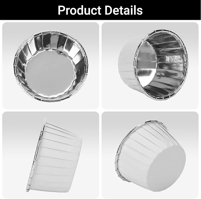 EUSOAR Silver Cupcake Liners, 50pcs 3.5oz Cupcake Holders Disposable Dessert Containers, Mini Cheesecakes Baking Cups Aluminum Foil Wrappers Muffin Ramekins for Birthday Wedding Bridal Party - Image 3