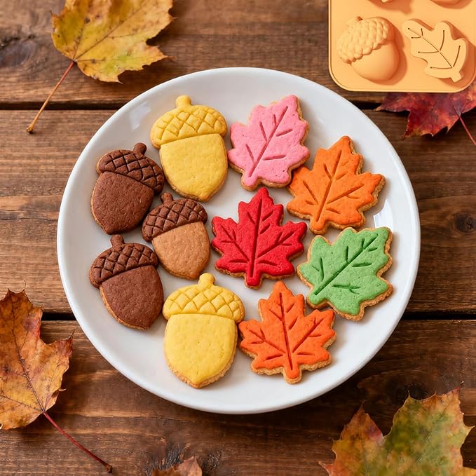 2 Pcs Fall Silicone Molds 3D Chocolate Silicone Mold Autumn Maple Leaf Hazelnut Acornshape Mold for Halloween Thanksgiving Chocolate Candy Cake Pan Baking Tray Cake Decoration