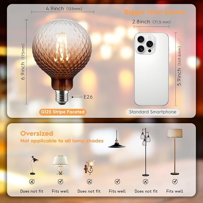 G125 Edison LED Bulb,4W Dim E26,2200K Gradient Brown Diamond Glass | Large Globe Light Bulbs,Squirrel Cage Filament, Cozy Warm Tone, Decorate Bars, Restaurants, Kitchens & All Indoor Occasions - Image 2