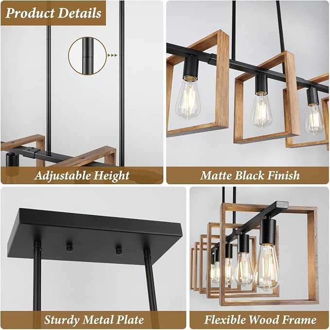 53’’ Farmhouse Kitchen Island Lighting, 5-Light Adjustable Dining Room Light Fixtures, Rustic Wood Chandeliers Black Hanging Light Fixtures for Kitchen, Pool Table Lights, Bulbs Not Included - Image 7