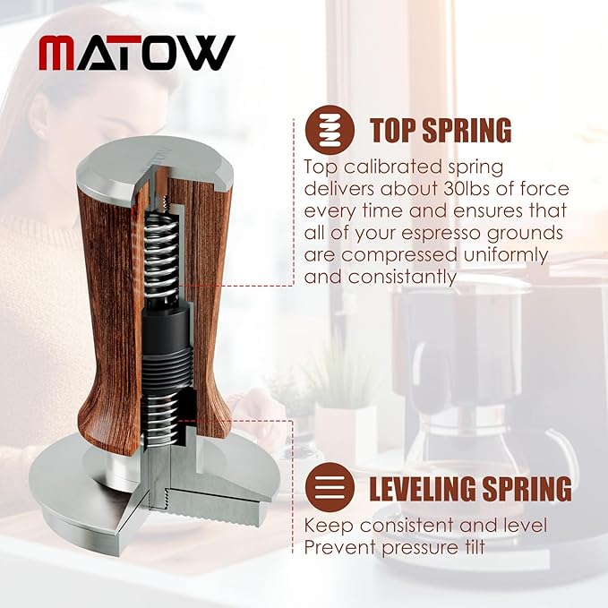MATOW 58.5mm Espresso Hand Tamper, Dual Calibrated Spring Loaded Coffee Tamper with Stainless Steel Ripple Base, Pro-barista 30lbs Espresso Tamper with Red Rosewood Handle Fits 58mm Portafilter
