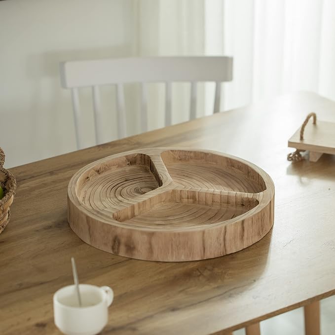 3 Sectional Wooden Snack Platter, Divided Serving Tray with Burned Black Finish, Lazy Susan Charcuterie Board for Dining Table, Kitchen, Nut or Snack Serving - Image 5