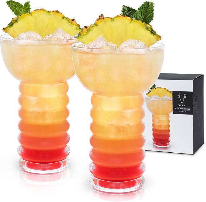 Viski Pacific Crystal Pearl Diver Tropical Tiki Tumbler Set of 2 - Premium Crystal Clear Glass, Stylish Tiki Glasses for Cocktails Gift Set, 12 oz by VISKI