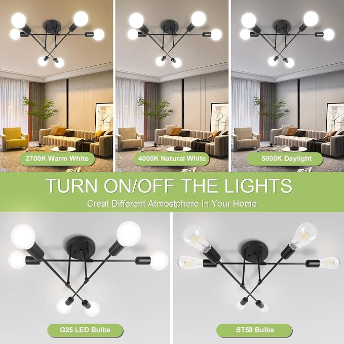 CANMEIJIA Modern Sputnik Chandelier Ceiling Light Fixture with 6 Lights Black Mid Century Ceiling Mount Lights Fixture for Bedroom, Dining Room, Living Room, Kitchen, E26 Base, Bulbs Not Included - Image 4