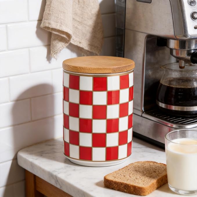 Kitchen Countertop Ceramic Checkered Canisters,Black And White Food Storage Containers With Lid,Airtight Kitchen Canisters for Flour, Sugar, Coffee, Tea, and Dry Goods (Red, Small) - Image 4