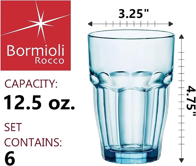Bormioli Rocco Rock Bar 12.5 oz. Long Drink Stackable Tempered Beverage Glasses for Cold Drinks, Water, and Cocktails, Set of 6, Ice Blue - Image 2