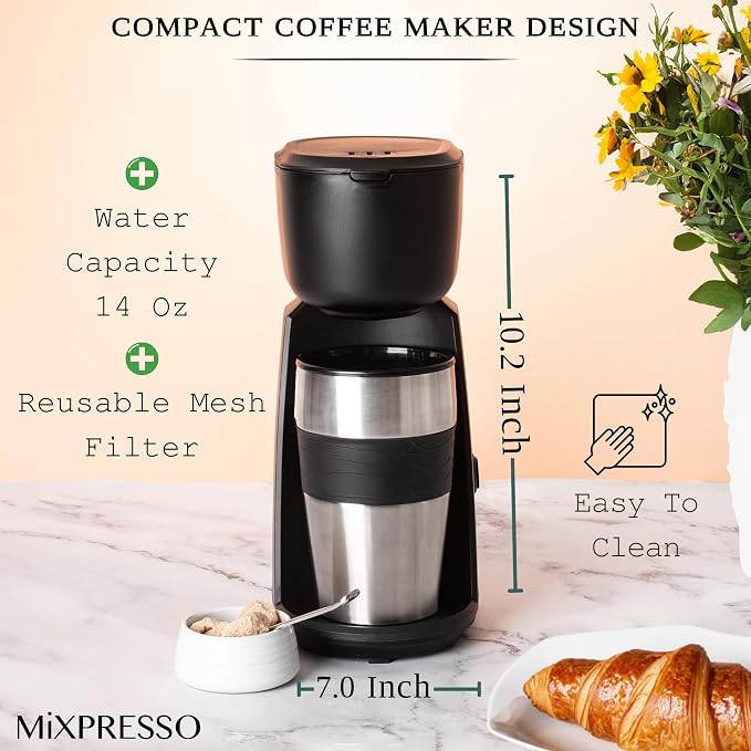 Mixpresso Single Serve & Single Cup Coffee Maker with 14oz Travel Mug Black | For ground coffee only, reusable filter, auto shut off. Compact personal drip coffee maker, not compatible with K-Cup pods. - Image 3