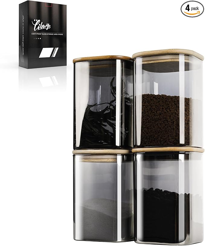 LIBWYS 4-Pack Anti-UV Square Glass Storage Jars with Bamboo Lids (1.22Qt) | Light Resistant Containers (LRC) for Pantry Organization, Coffee Beans, Loose Tea, Sugar, Pet Food | Kitchen Canisters Set by LIBWYS