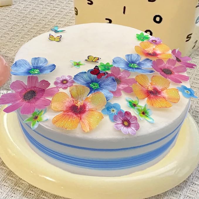 Weraru 58Pcs Edible Butterfly and Flowers Cake Topper Cupcake Toppers Wedding Themed Party Birthday Cake Decoration Mixed Size & Colour - Image 4