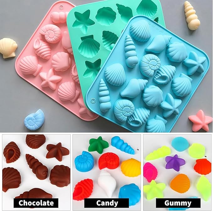 3Pcs Seashell Chocolate Silicone Molds, Ocean Themed Cake Baking Molds for Chocolate Candy Fondant Cupcake Cookie Dessert DIY Cake Decoration Suppies