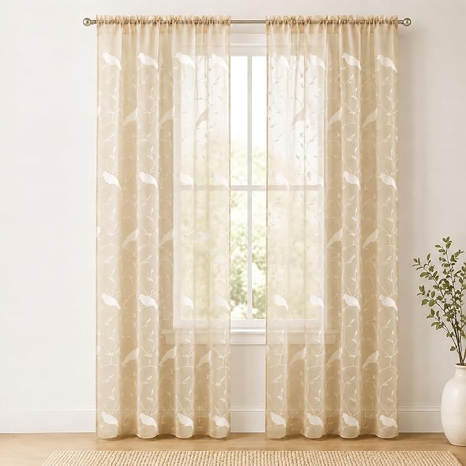 Sheer Curtains 96 Inches Long, Taupe Sheer Curtains Rod Pocket Bird Embroidered Curtains for Living Room/Bedroom, W60X L96, 2 Pieces | Filters Light Gently, Farmhouse Inspired Style, Rod Pocket Design, for Bedroom and Living Room by VOGOL