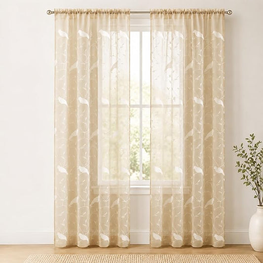 Sheer Curtains 96 Inches Long, Taupe Sheer Curtains Rod Pocket Bird Embroidered Curtains for Living Room/Bedroom, W60X L96, 2 Pieces | Filters Light Gently, Farmhouse Inspired Style, Rod Pocket Design, for Bedroom and Living Room by VOGOL