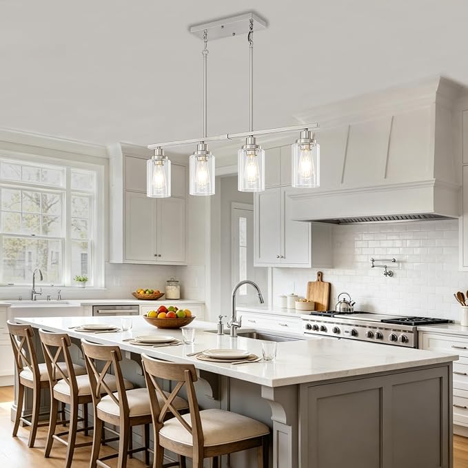 Brushed Nickel Linear Chandelier Over Table, Dining Room Light Fixtures | 4-Light Kitchen Island Lighting, 30'' Modern Island Lights for Kitchen with Clear Glass Shade, Adjustable Height - Image 8