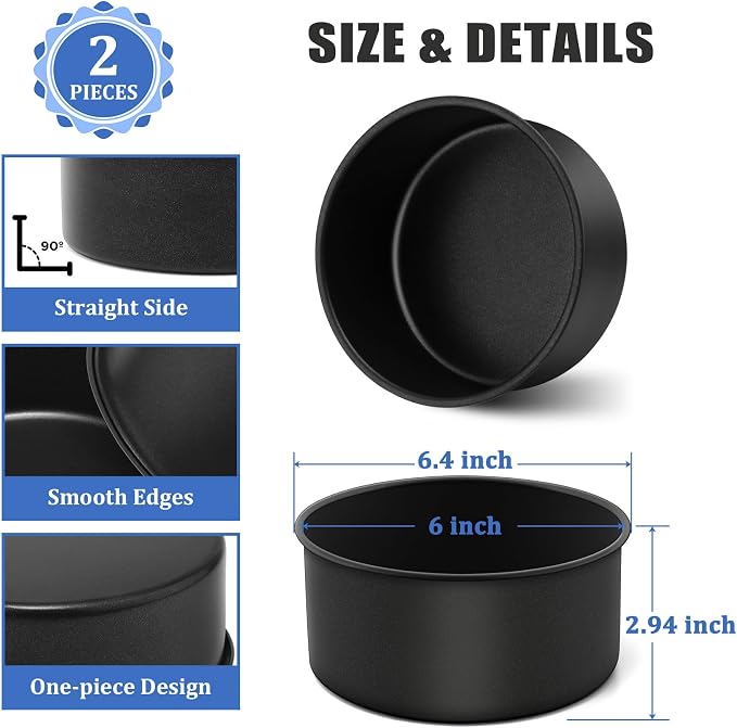 P&P CHEF 6 Inch Cake Pan Set, 2Pcs Non-stick Round Baking Cake Pans Tins | Stainless Steel Core & Nonstick Coating, Good for Baking Layer Tier Cakes for Birthday Wedding, Deep Side & One-piece Design - Image 2