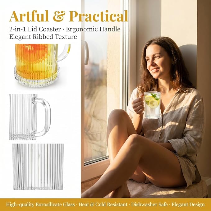 Noamus 4 Pack Glass Coffee Mugs with Lid and Spoon, 13oz Ribbed Vertical Stripes Tea Cup, Classic Clear Drinking Glassware Set for Hot Cold Beverage, Housewarming Christmas Anniversary Birthday Gift - Image 4