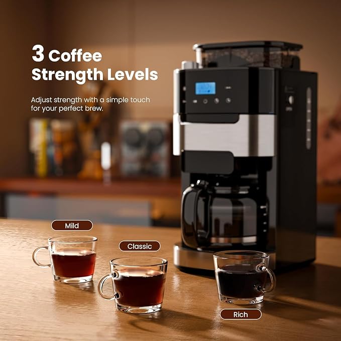 Kismile 10 Cup Drip Coffee Maker with Grinder Built In, Descaling Alert | Adjustable Grind & Brew Strength, 24H Timer, 2H Keep Warm, Reusable Filter & Glass Carafe - Image 3