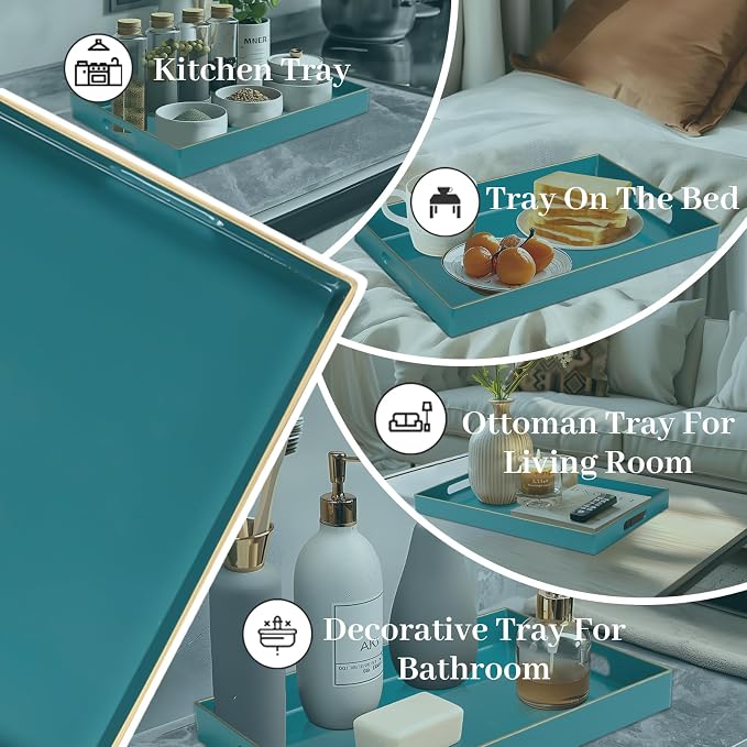 MAONAME Teal Decorative Tray for Coffee Table, Serving Tray with Handles | Plastic Melamine Tray, Modern Ottoman Tray, Rectangular Countertop Organizer Tray for Living Room, 15.8"L x 10.2"W x 1.4"H - Image 7