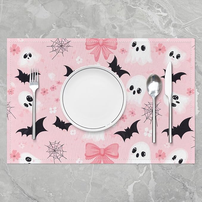 Feelyou Happy Halloween Placemats Set of 4 Cute Ghost Bow Table Mats for Party Kitchen Dining Decoration Holiday Seasonal Pink Black White Place Mat for Dinner Table Indoor Outdoor 18"x12" Non-Slip - Image 2