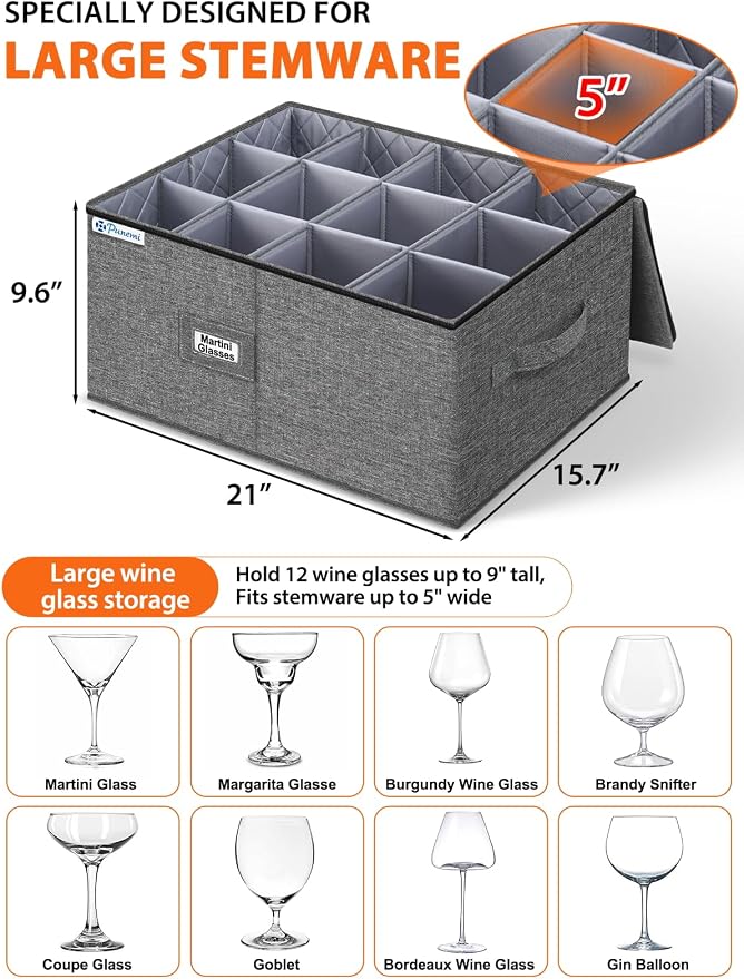 Wine Glass Storage Box for Martini, 5" Wide Cell Hard Shell China Storage Containers with Dividers, Stackable Stemware Storage Holder for Glassware, Margarita, Goblets & Brandy Snifters, Grey - Image 2