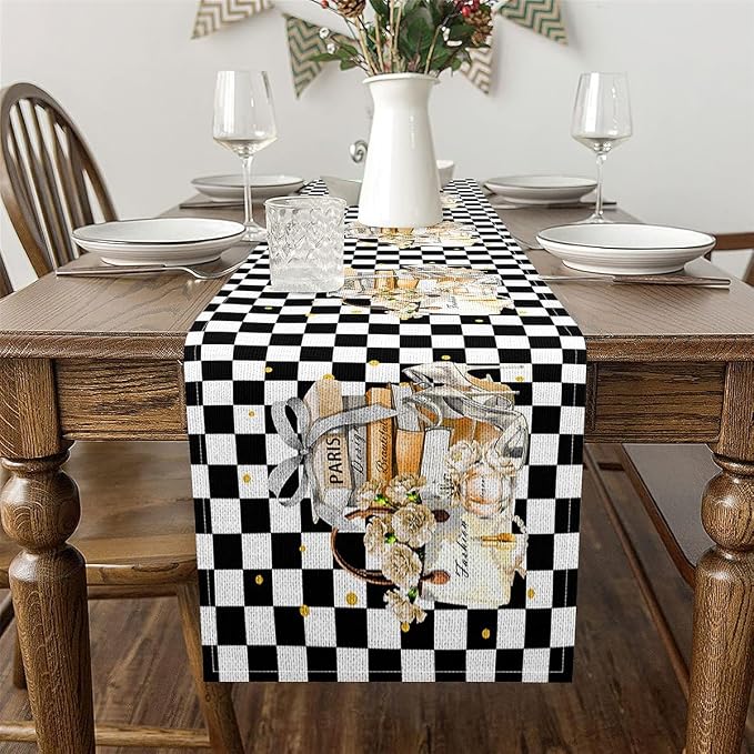 Feelyou Book Table Runner,13" x 72" Black and White Gold Dresser Scarfs High-Heeled Shoes Dresser Runners Checkered Printed Table Decor for Kitchen Perfume - Image 3