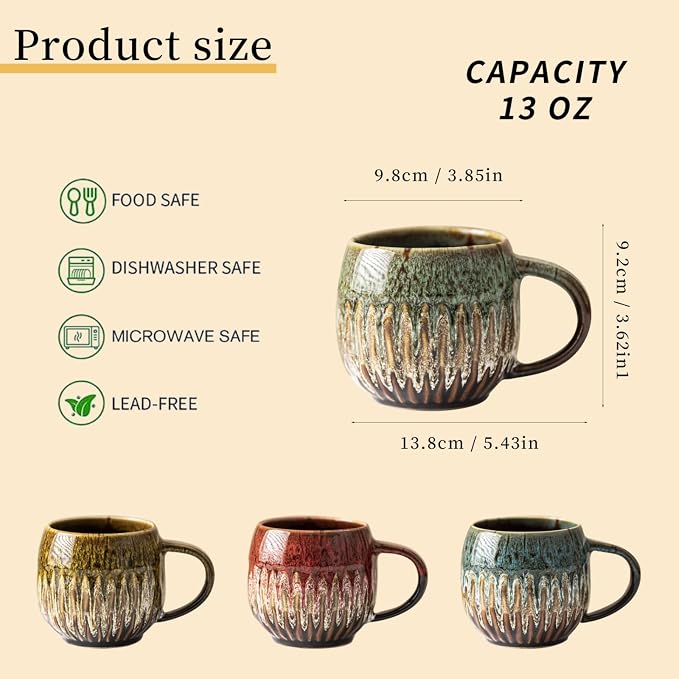 Large Ceramic Coffee Mug - 13oz Tea Cup, Green, Set of 4 | Large Tea Mug, Microwave Safe, Dishwasher Safe - Image 2
