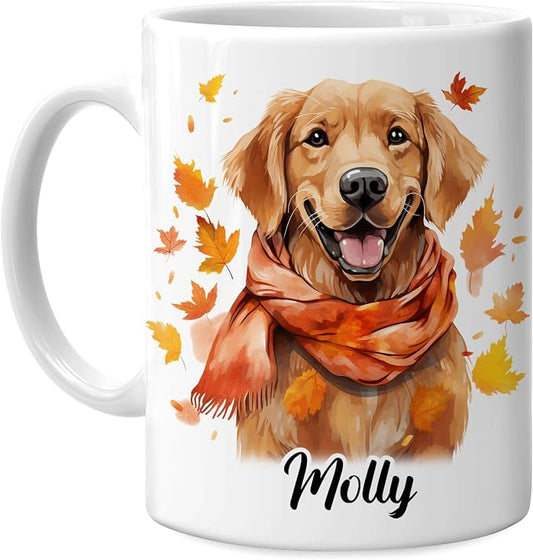 Hyturtle Personalized Fall Dog Maple Leaves Coffee Mug, Fall Autumn Décor | Birthday Gifts For Dog Lovers, Golden Retriever Gift For Farmhouse Thanksgiving Custom Name 11oz White Ceramic Coffee Tea Mug by Hyturtle