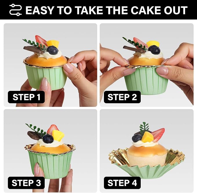 EUSOAR Cupcake Cups, 50pcs 3.5oz Muffin Cupcake Liners Disposable Ramekins, Aluminum Foil Wrappers Paper Dessert Containers Mini Cheesecakes Holders for Birthday Wedding Party-Light Green/Gold - Image 4