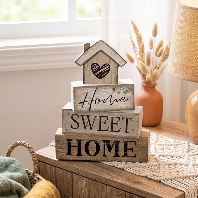 Moucuny 4 Pcs Farmhouse Table Decor Rustic Home Sweet Home Tiered Tray Decorations Retro Wooden House Shaped Block Signs Farmhouse Stacked Table Decoration for Housewarming Gifts Kitchen Mantle Shelf - Image 2