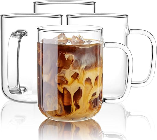 Glass Coffee Mugs, 24 oz Ice coffee cups, Large Clear Tea Cups Set of 4, Glass Mugs with Handles, Glass Cups for Latte, Cappuccino, and Tea by BWODYAY