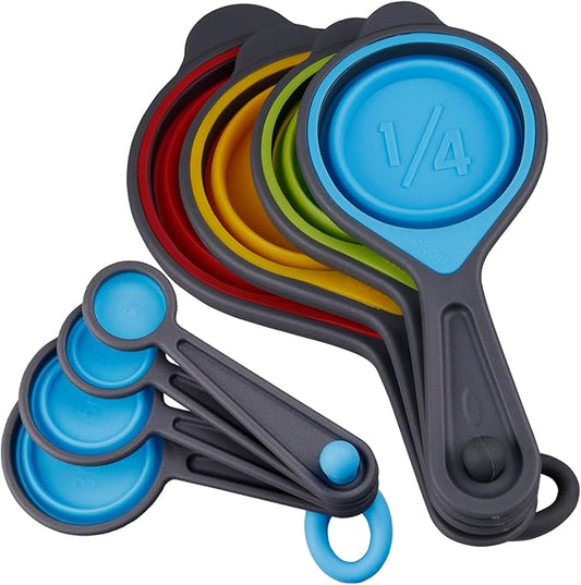 Measuring Cups and Spoons Set of 8, Silicone Collapsible Measuring Cups and Spoons for Baking&Kitchen, Engraved Metric/US Markings for Liquid&Dry Measuring, Space Saving, BPA Free, Colorful