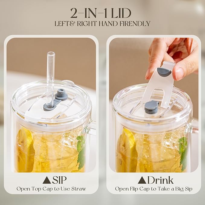 KEMORELA 2 Pack 28oz Double Wall Glass Tumblers with Handle, Lids & Straws – Large Insulated Clear Borosilicate Glass Cups for Iced Coffee, Smoothies, Bubble Tea & Cold Beverages