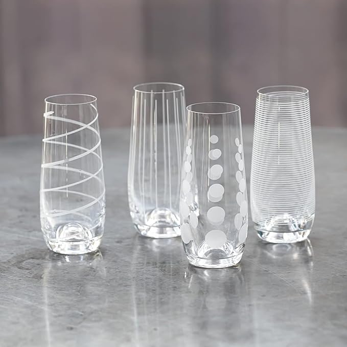 Mikasa Cheers Stemless Flutes, 7.5 Oz - Clear, Set of 4 | Lead-Free Crystal Drinkware with Dot, Line & Swirl Designs for Champagne, Prosecco, Cocktails & Mimosas, Dishwasher Safe - Image 6