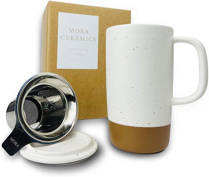 Mora Ceramics Large Tea Mug with Loose Leaf Infuser and Ceramic Lid, 18 oz, Portable, Microwave and Dishwasher Safe, Tall Coffee Cup - Rustic Matte Ceramic Glaze, Modern Herbal Tea Strainer, Cotton by MORA