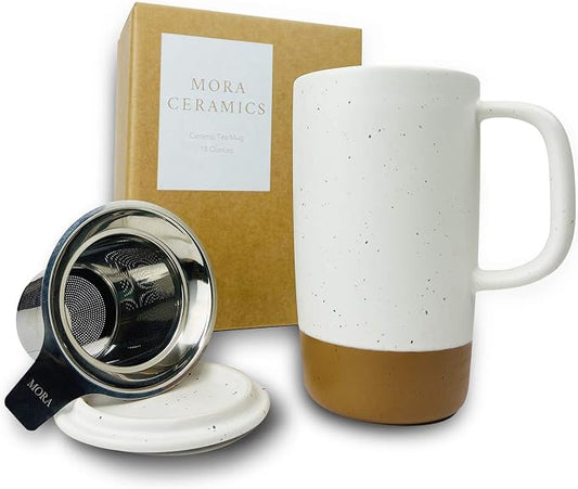 Mora Ceramics Large Tea Mug with Loose Leaf Infuser and Ceramic Lid, 18 oz, Portable, Microwave and Dishwasher Safe, Tall Coffee Cup - Rustic Matte Ceramic Glaze, Modern Herbal Tea Strainer, Cotton by MORA
