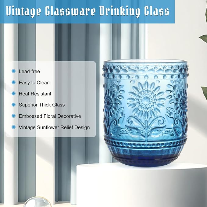 Topsky Vintage Drinking Glasses Set of 4,12oz Drinkware Set,Blue Glass Cups Wine Glasses Colored Glassware for Whisky,Beer,Juice,Cocktail,Heavy Duty - Image 5