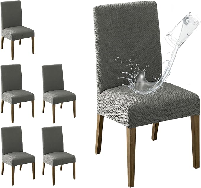 MOSAYT 100% Waterproof Dining Room Chair Covers Set of 6, Super Fit Stretch Jacquard Parson Chairs Slipcovers Removable Washable Chair Seat Protectors for Home, Kitchen, Banquet (Grey) by MOSAYT