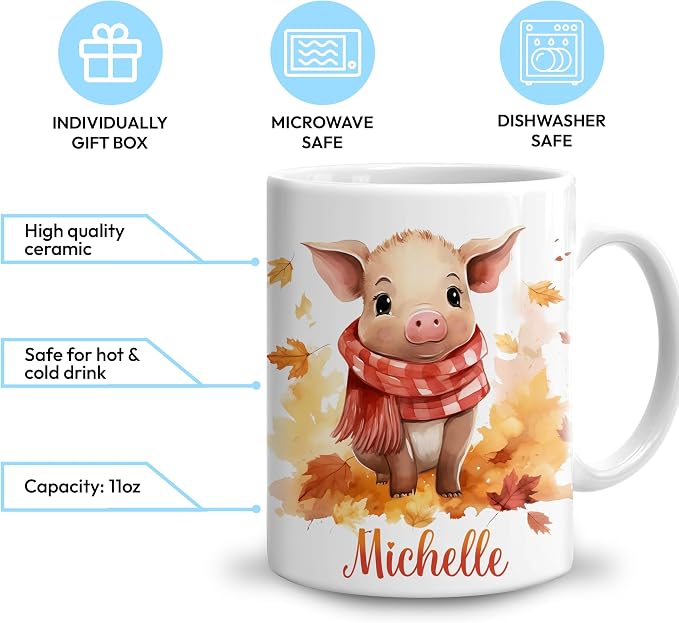 Hyturtle Personalized Fall Pig Maple Leaves Coffee Mug, Fall Autumn Décor | Birthday Gifts For Piggy Lovers - Pig Themed Gifts For Farmhouse Thanksgiving - Custom Name 11oz White Ceramic Coffee Tea Mug - Image 3