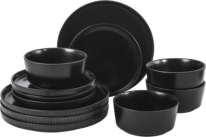 Gibson Home Dempsey Road 12-Piece Stoneware Dinnerware Set – Service for 4, Round Black Plates and Bowls, Durable Solid Color Modern Embossed Dish Set, Microwave & Dishwasher Safe by GibsonHomewares