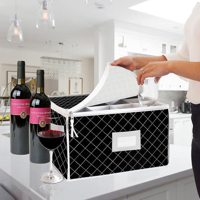 China Storage Containers - Stemware Storage Cases for 12 Wine Champagne Glasses - 2 Pack Crystal Glassware Protector Packing Boxes with Dividers and 2 Handles for Moving (Black) - Image 8