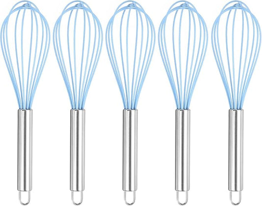 HARFINGTON 5Pcs Silicone Whisk 10" Kitchen Whisk Wire Whisks Beater with Stainless Steel Handle for Egg Milk Whisking Blending Beating & Stirring, Blue