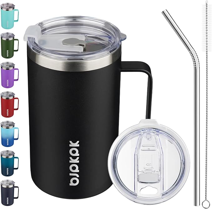 BJPKPK 25oz Insulated Coffee Mug with Handle, Stainless Steel Travel Mug | Keeps Drinks Hot & Cold, Double Wall Vacuum, 2 Lids Included, BPA-Free Coffee Tumbler for Home, Office & Travel by BJPKPK