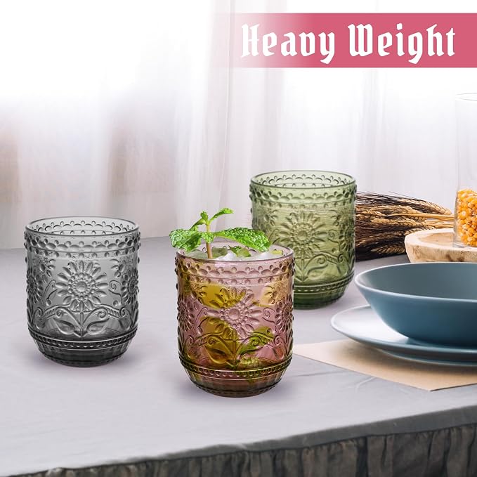 Topsky Vintage Drinking Glass Set of 4,12 oz Embossed Floral Drinkware Set,Colorful Drinking Glasses Cups Wine Glasses Colored Glassware for Whisky,Beer,Juice,Cocktail,Heavy Duty - Image 7