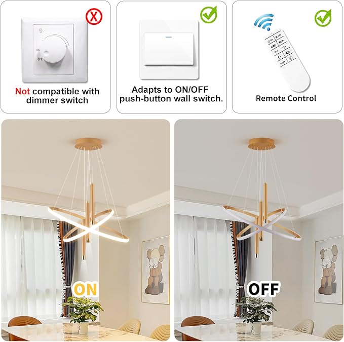 ORANOOR LED Gold Modern Chandeliers, Dimmable 24inch Kitchen Pendant Lights | LED Gold Dining Room Light Fixtures Ceiling Hanging Over Table, 2 Ring Round Chandelier for Dining Room Bedroom Living Room - Image 6
