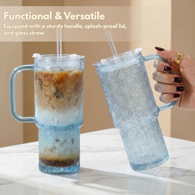 20 oz Blue Glass Tumbler with Lid and Straw, Glass Iced Coffee Cups, Spill-proof Glasses Tumbler with Handle, Hobnail Glasses Drinking Set of 4, Vintage Glassware for Cocktail, Smoothies - Image 3