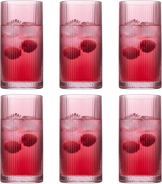 Physkoa Rose Red Ribbed Drinking Glasses Set of 6 – Vintage Embossed Highball Glassware, Thick Durable Tumbler Cups for Water, Juice, Cocktails, Iced Coffee, Kitchen Bar Gift Set by Physkoa